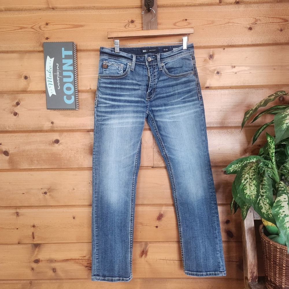 BKE Jake Straight Jeans Med Stone Wash Stretch Whiskered Embroidered Sz 30 X29"